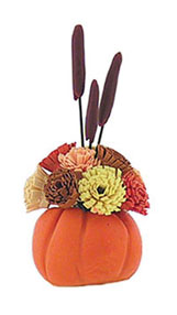 Dollhouse Miniature Pumpkin with Floral Arrangement